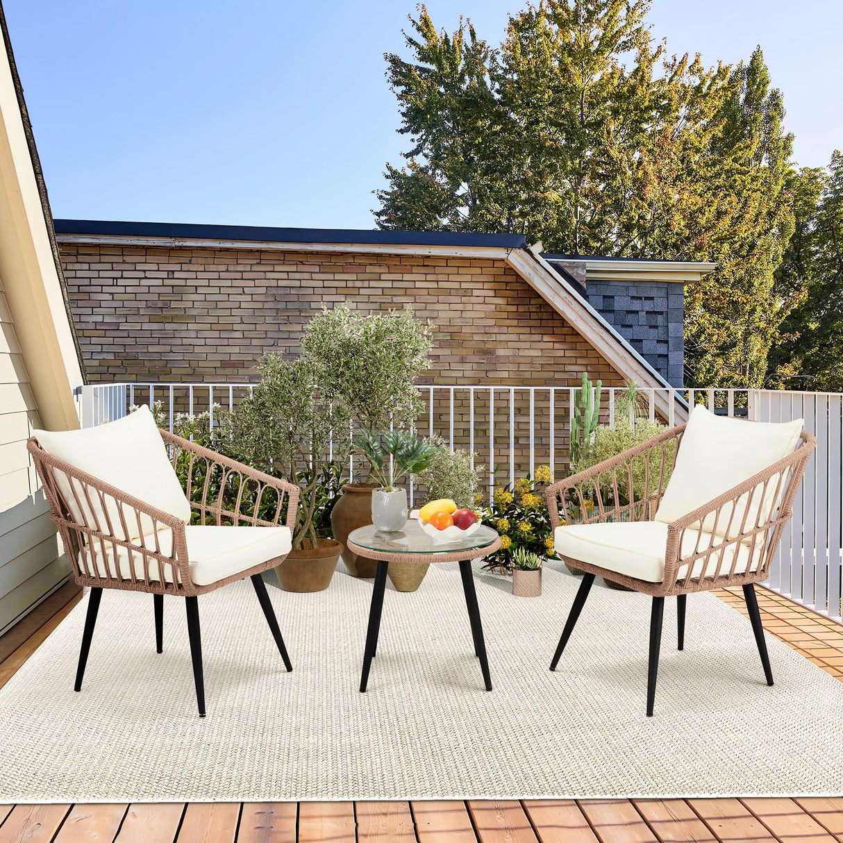 ECOTOUGE 3 Pieces Wicker Patio Bistro Set, Patio Rattan Dining Set with Glass Top Table and Cushions, Outdoor Conversation Furniture Set for Porch, Backyard and Garden (Beige) ECOTOUGE