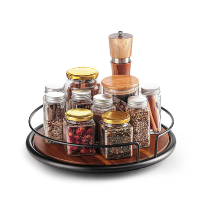 TIDITA 13" Acacia Wood Lazy Susan Turntable with Metal Frame for Table Top - Wooden Serving Tray Rotating for Kitchen Counter - Centerpiece Organizer Storage Food Bin Container for Pantry, Fridge