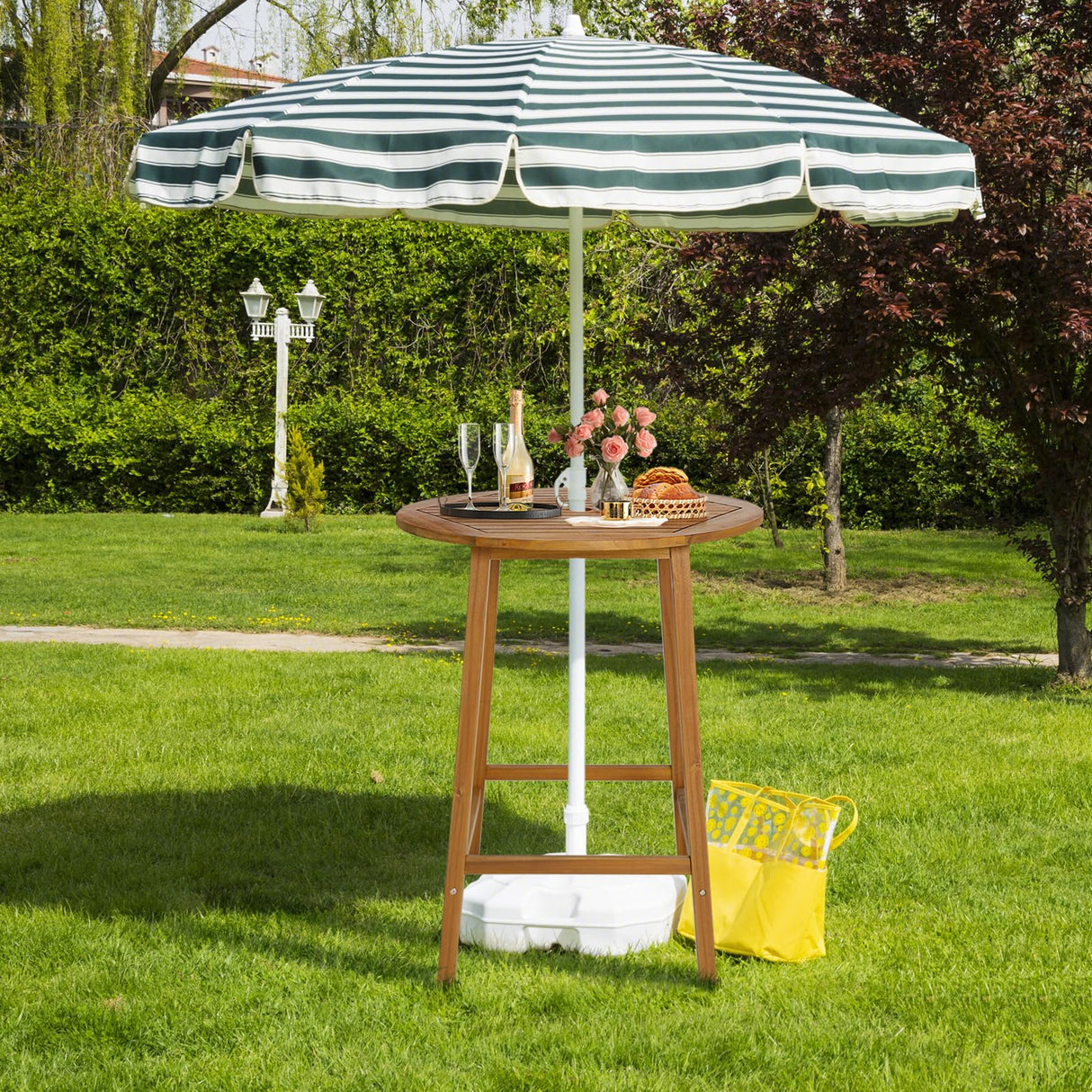 HAPPYGRILL 31.5” Round Bar Table, Bar Height Table with Umbrella Hole & Slatted Tabletop, Acacia Wood Patio Bistro Table, Side Table for Indoors Outdoors HAPPYGRILL