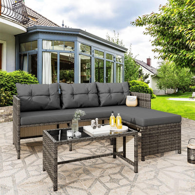 Vongrasig 3 Piece Patio Furniture Sets, All-Weather Wicker Outdoor Sofa Couch Sectional Set, Small Conversation Set for Patio, Garden w/Cushion, Glass Table, (Grey)