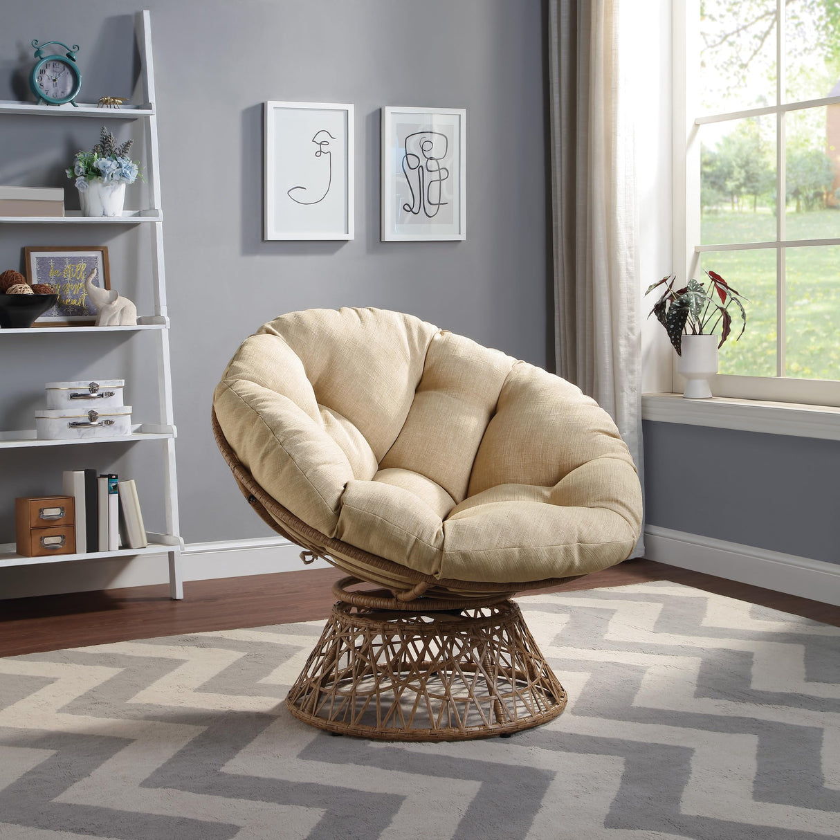 OSP Home Furnishings Wicker Papasan Chair with 360-Degree Swivel, Natural Frame with Cream Cushion OSP Home Furnishings