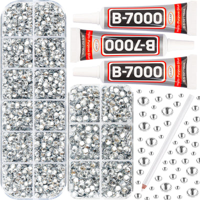 b7000 Glue with 7500Pcs Clear Silver Rhinestones for Crafts Clothes Clothing Fabric, Shiny Flatback Crystals Gems for Crafting Shoes Shirt, Flat Back Diamonds Set Badazzle kit Jewels 2-5mm 4 Sizes Mix