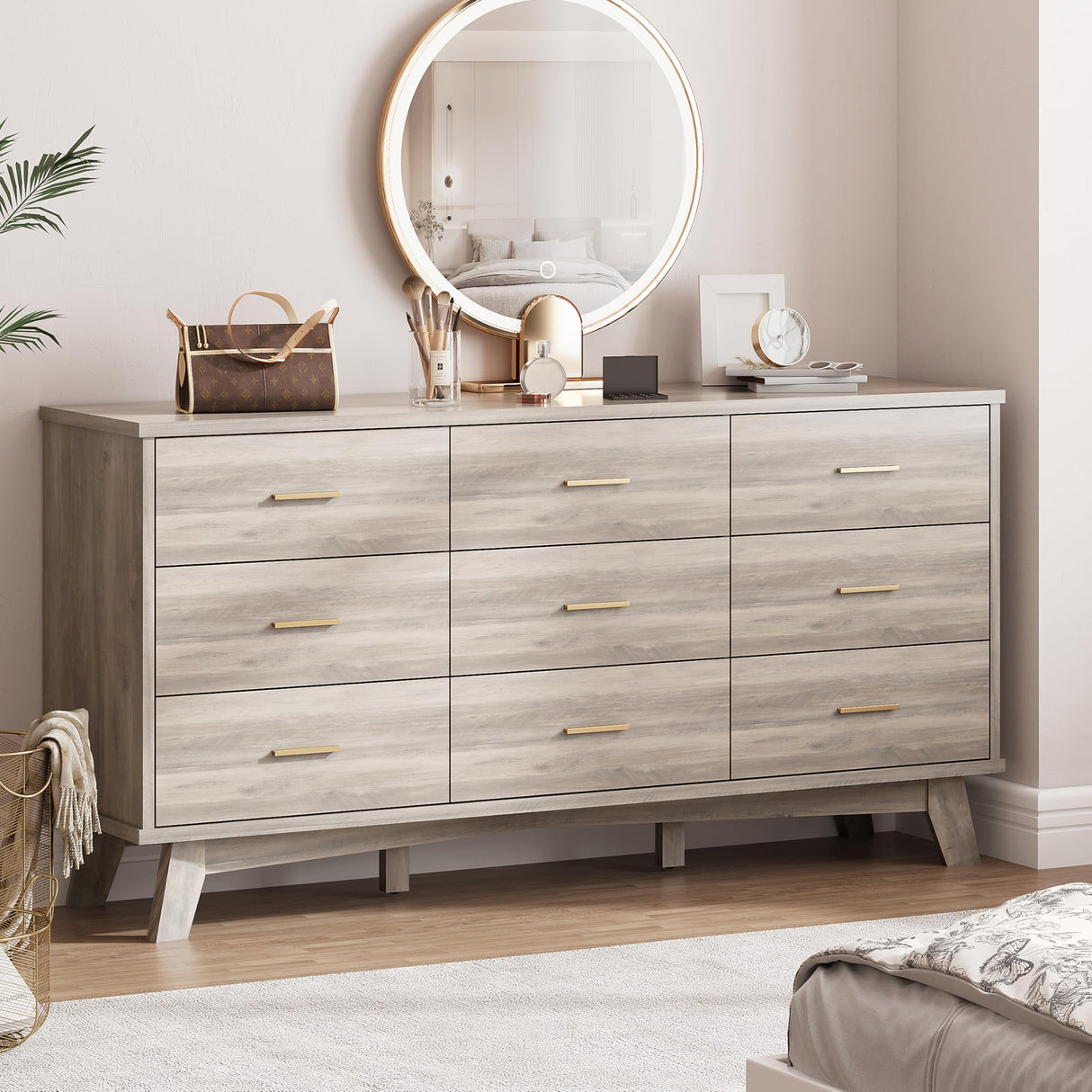 Dresser for Bedroom, 9 Drawer Wide Modern Chest of Drawers with X-Shaped Sturdy Base, Wood Double Dresser Closet Clothes Storage Organizer, Wooden TV Stand for Living Room, Hallway, Grey Xixini