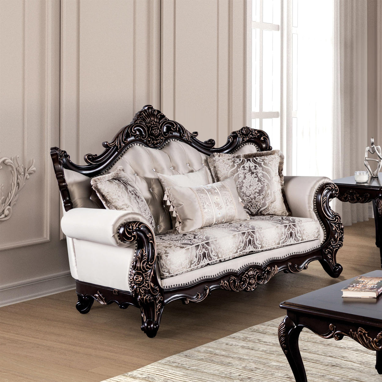 Furniture of America Zephyra Traditional Faux Leather Upholstered Loveseat with Rolled Arm and Accent Pillows, Wooden Comfortable Couch for Living Room, Office, Bedroom, Dark Cherry/Beige Furniture of America