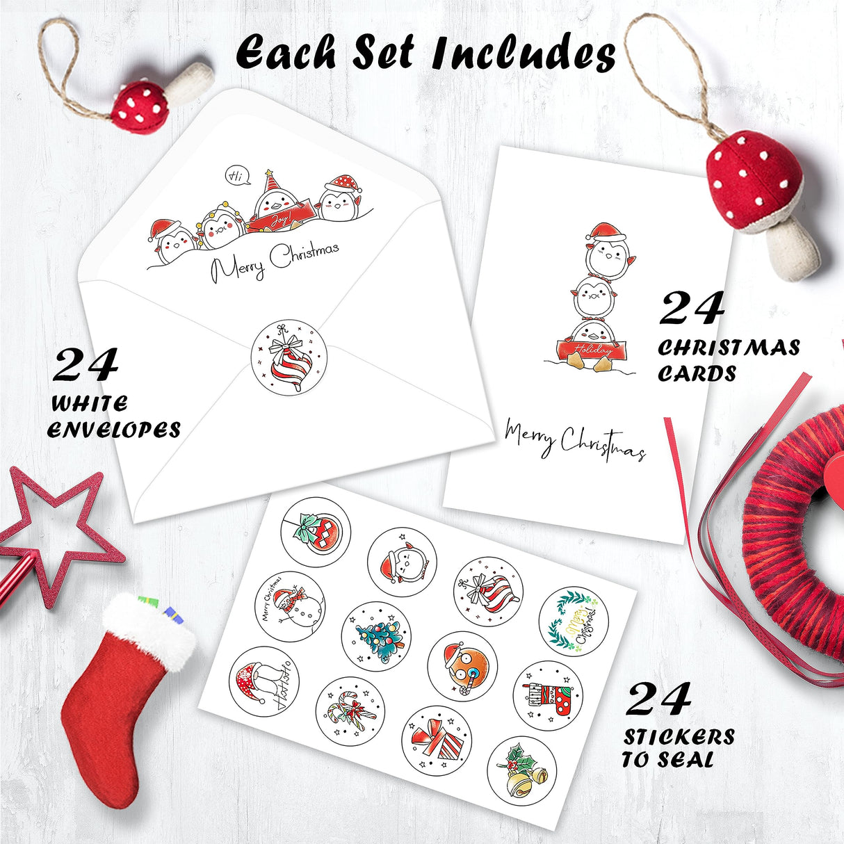 Christmas Cards - Pack of 24, 6 Assorted Designs Merry Christmas Cards with Envelopes - Bulk Greeting and New Years Cards - Perfect to Send Warm Holiday Wishes to Friends and Family - 4" x 6" BGTCARDS