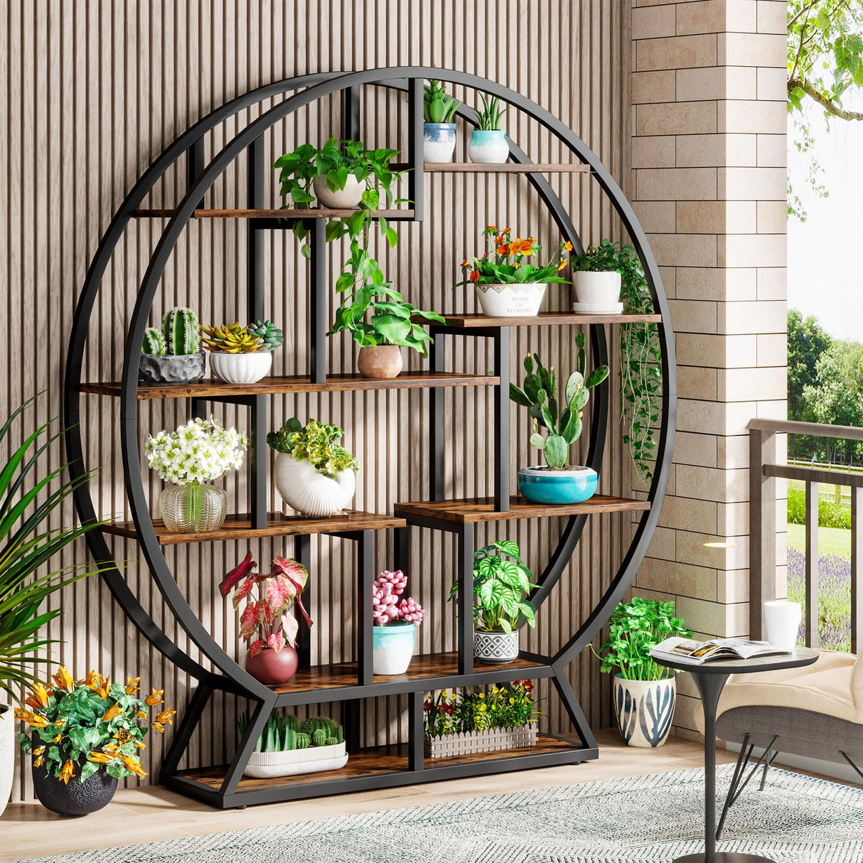 Tribesigns 63 Inch Rustic Brown Industrial Round Etagere Bookshelf with Staggered Shelves Tribesigns