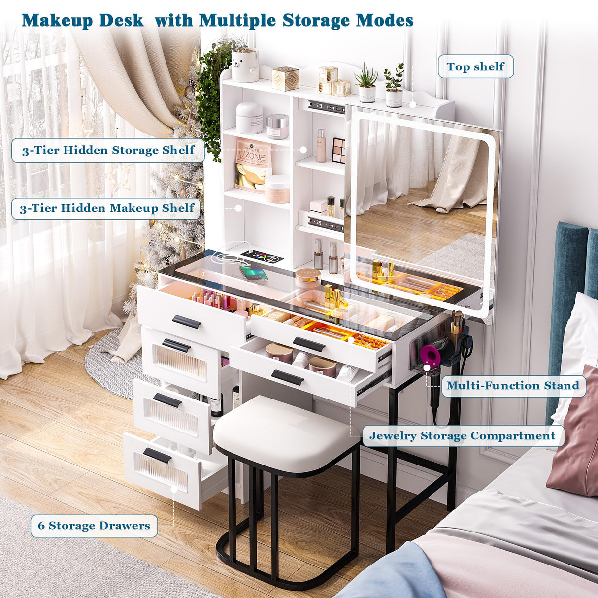 WOOVIVS RGB Vanity Desk with Sliding Mirror and Lights, LED Makeup Vanity with Charging Station/Motion Sensor Light, Glass Top Vanities Dressing Table Set with Jewelry Box,6 Drawers,Stool (White) WOOVIVS