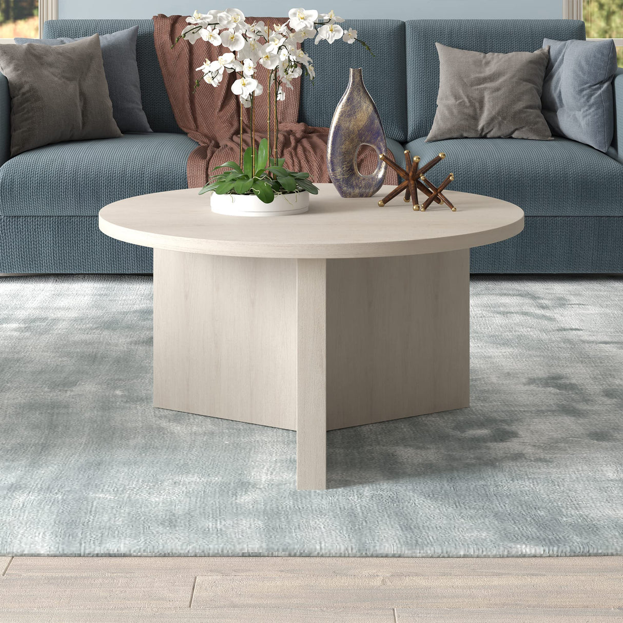 Henn&Hart 32" Wide Round Coffee Table in Alder White, for Home, Living Room, Bedroom, Entertainment Room, Office Henn&Hart