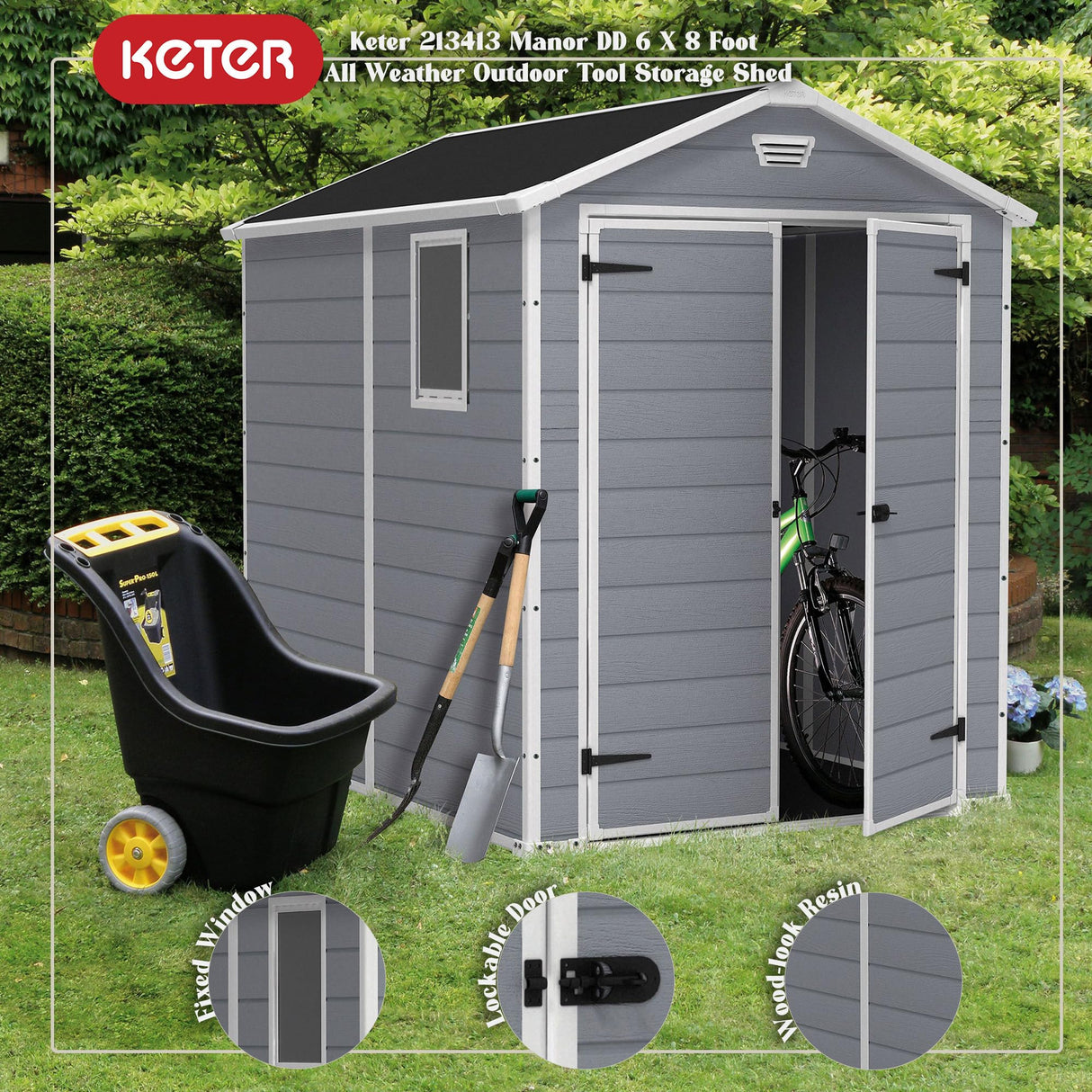 Keter Manor 6 x 8 Foot All Weather Garden Tool Outdoor Storage Shed Durable Resin Organizer with Lockable Double Doors and Fixed Window, Gray Keter
