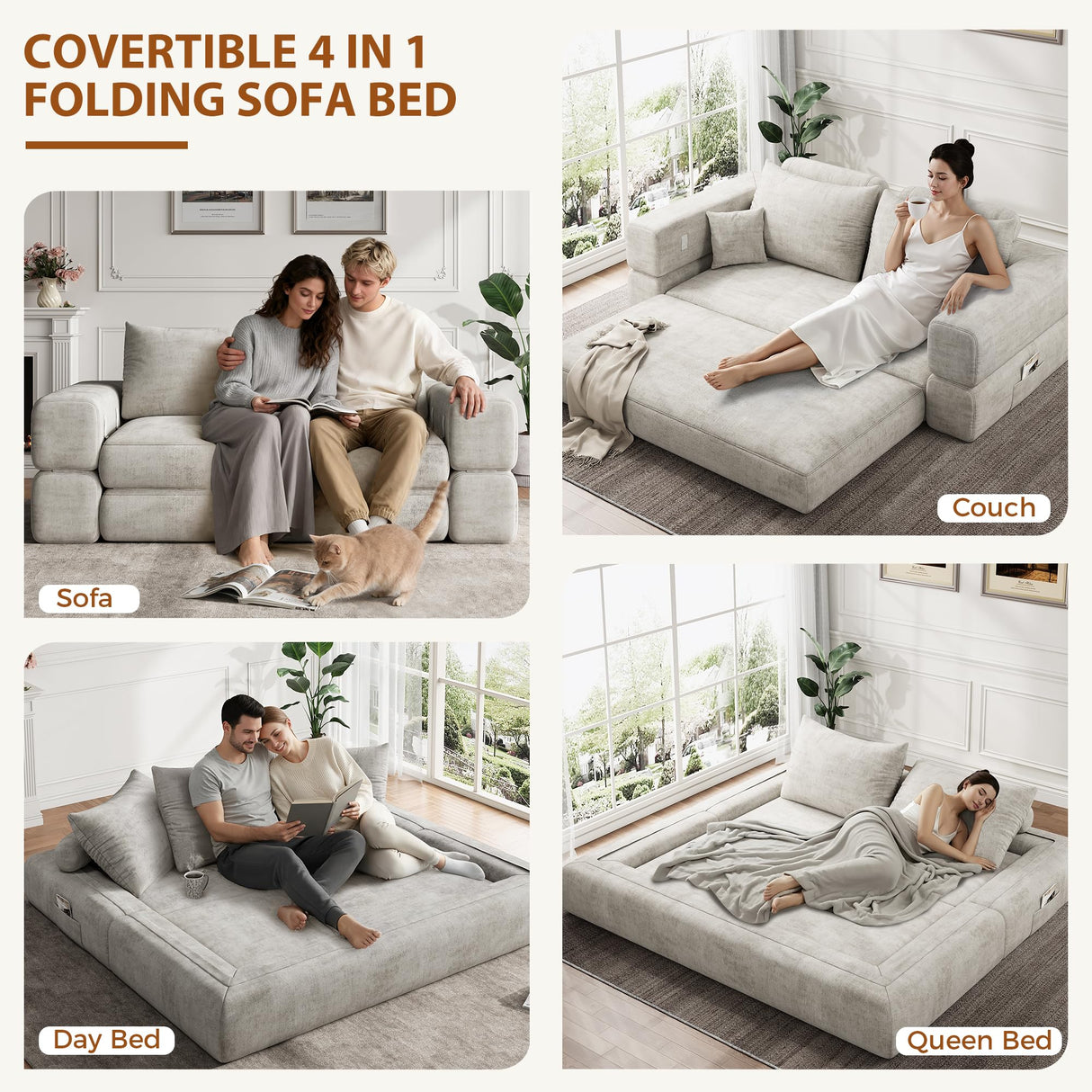 Jocoevol 75'' Queen Folding Convertible Sofa Bed with Large Pillow, 4-in-1 Floor Foldable Futon Sofa Bed, Chenille Boneless Mattress Couch, Floor Sleeper Sofa Chair Bed for Living Room/Bedroom, Beige Jocoevol