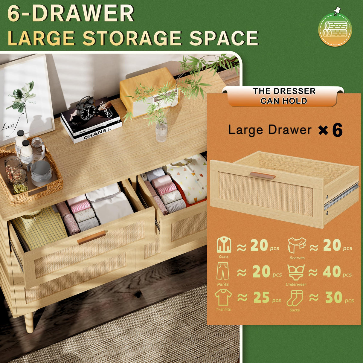 Greenvelly 6 Drawer Double Dresser for Bedroom, Modern Rattan 6 Drawer Dresser with Golden Handles, Wooden Storage Chest of Drawers for Bedroom, Living Room, Hallway Greenvelly