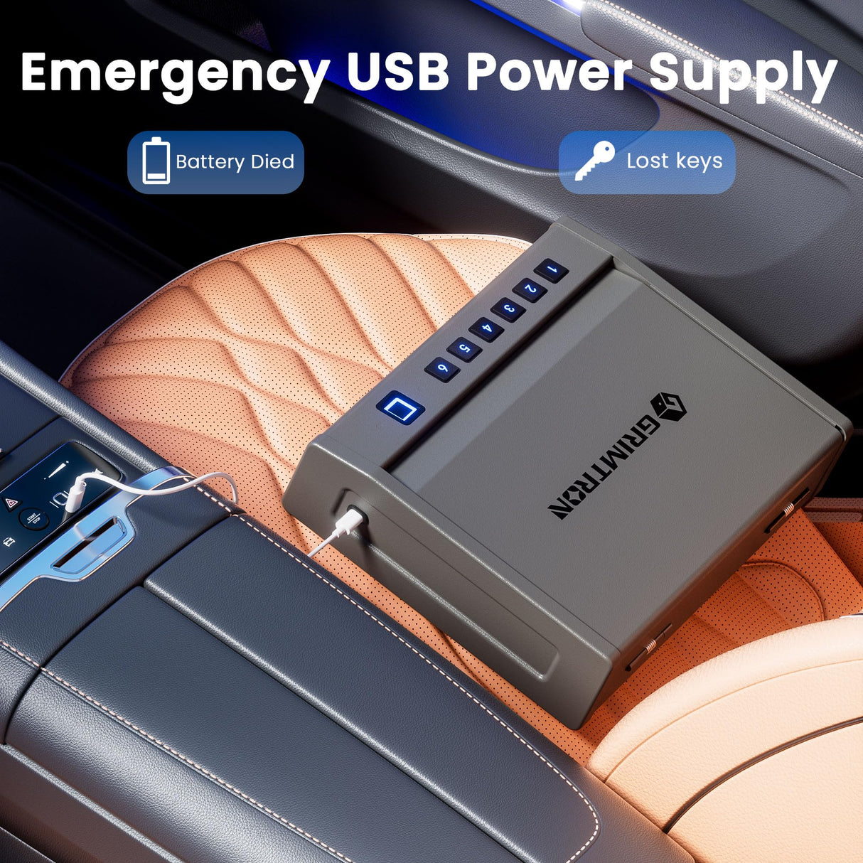 Grimtron Biometric Gun Safe for Handgun โ Quick Access Pistol Safe with 100 Fingerprints, Backlit Keypad & Backup Keys โ Gun Lock Box for Nightstand, Bedside, Car, Truck & Vehicle Use Grimtron