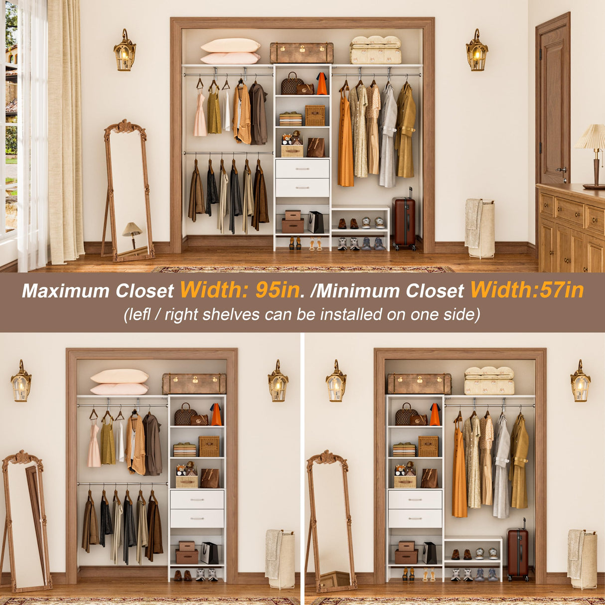 MJOMKN 8FT Closet System with Drawers, Walk-In Closet Organizer with 3 Adjustable Hanging Rods, Wood Closet Storage, Heavy Duty Clothes Rack, 96" L x 16" W x 75" H, Adjustable Wardrobe Rack, White MJOMKN