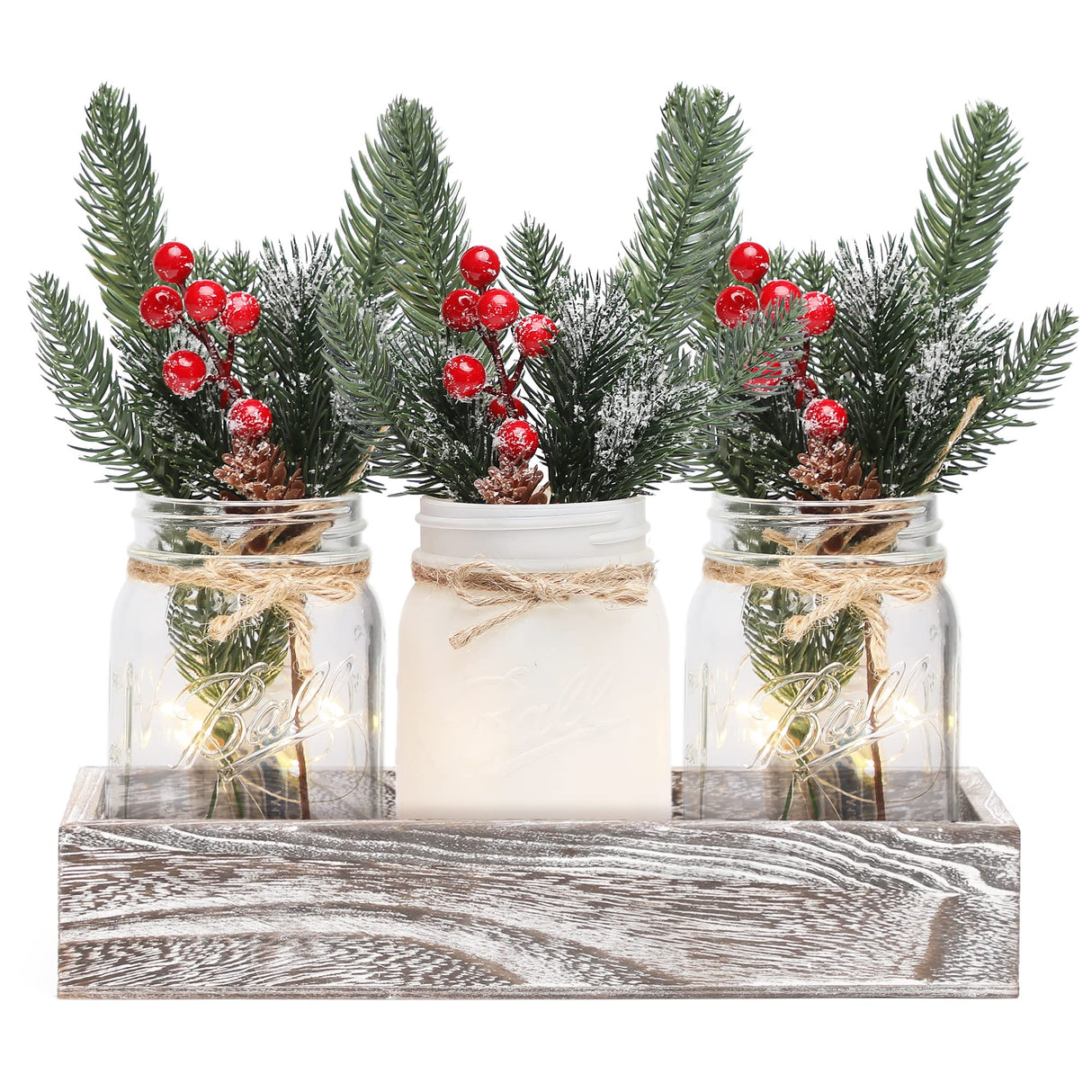 Christmas Mason Jar Centerpiece for Table with LED Lights & Artificial Plants, Set of 3 Farmhouse Decorative Mason Jars for Christmas Home Decor, Winter Kitchen Dining Table Centerpiece Maracco