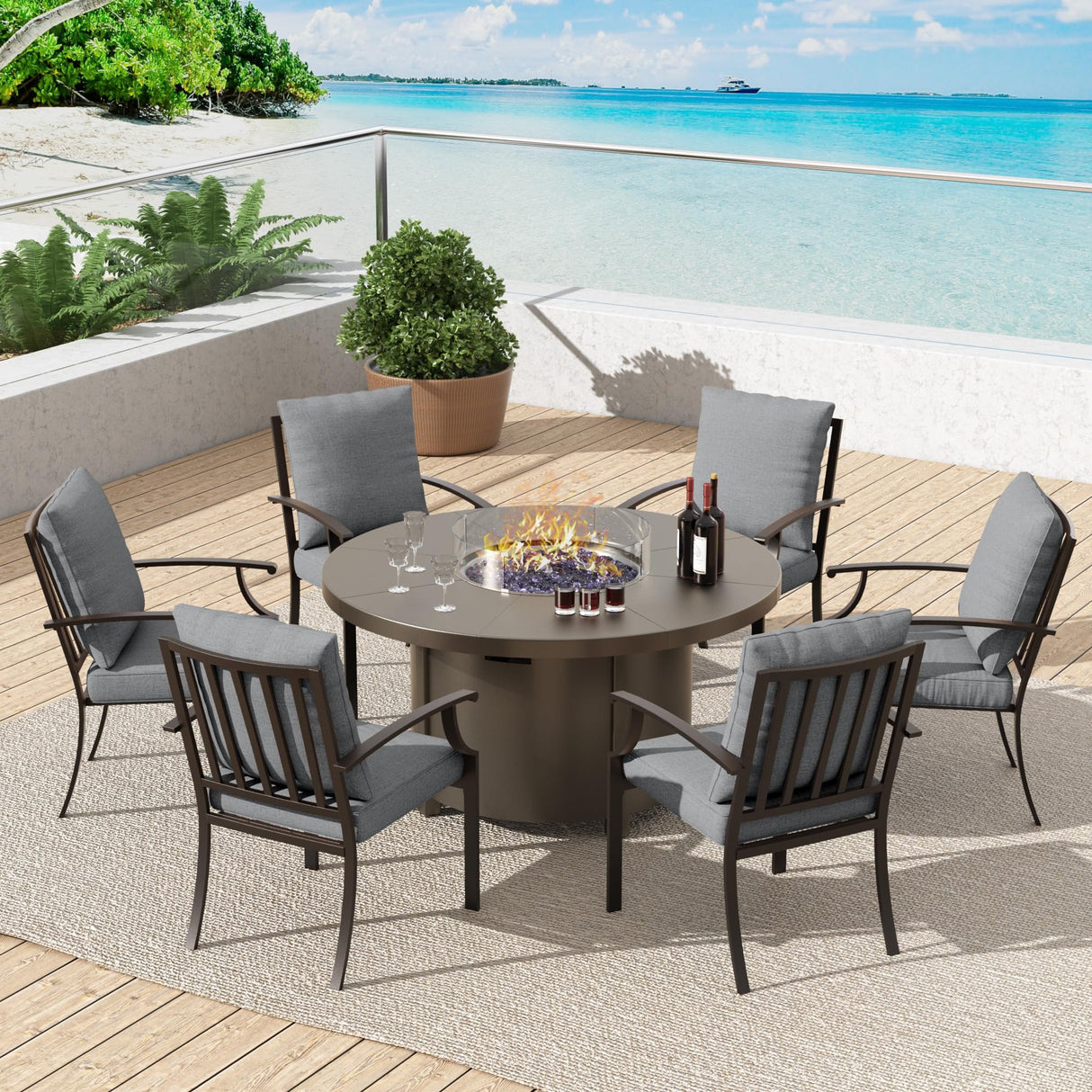 Trumbeak 7 Pcs Outdoor Patio Furniture Set with 48"/55000 BTU Outdoor Round Propane Fire Pit Table,Patio Conversation Sets 6 Fixed Chairs No-Slip Cushions and Waterproof Covers,Grey Trumbeak