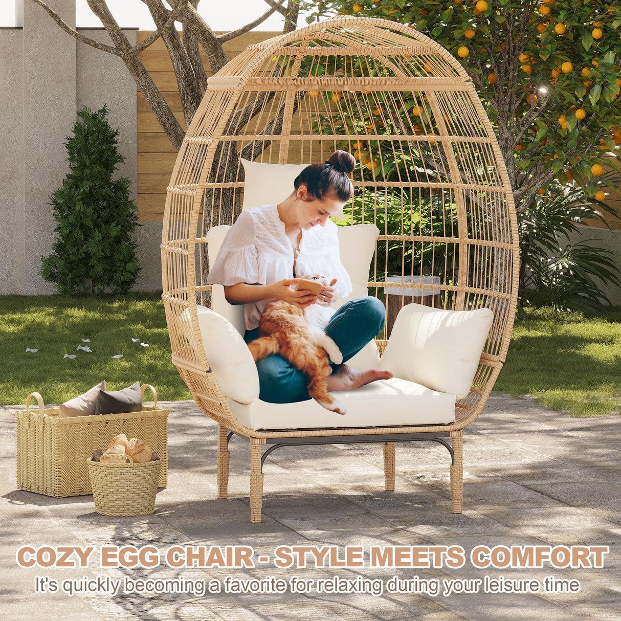 Reljofum 500 Lbs Capacity Oversized Wicker Egg Chair, All-Weather Rattan Egg Lounge Chairs for Patio, Backyard, Living Room, Outdoor Oversized Egg Chair Indoor w/5 Cushions Reljofum