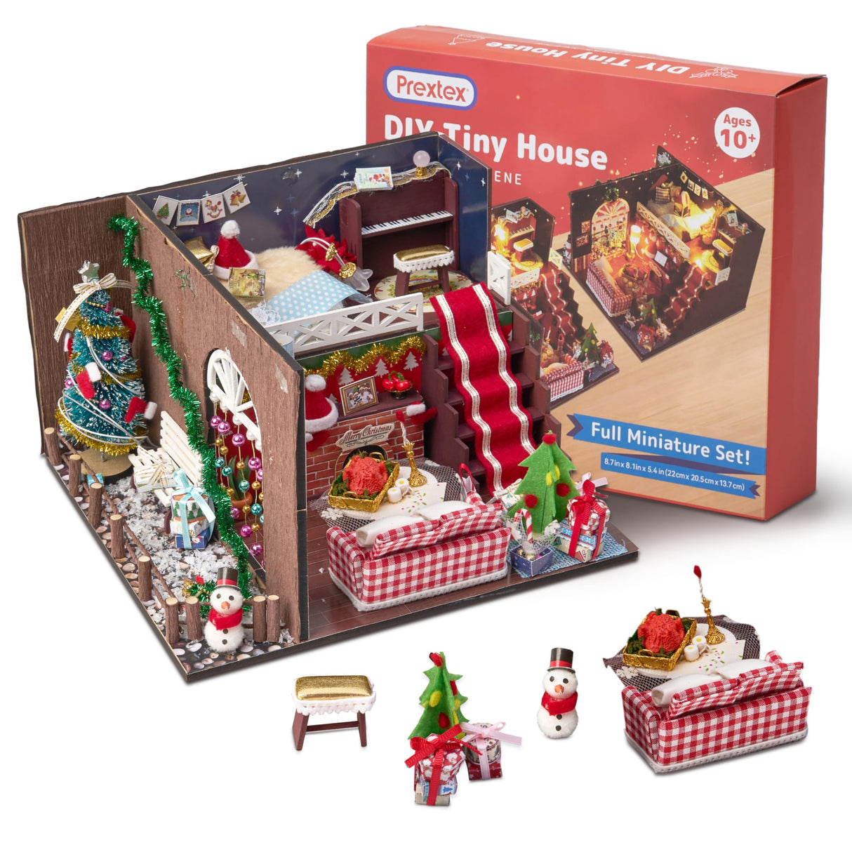 Prextex DIY Tiny House Kit Christmas Scene - Miniature House, Model Home, and Mini Room Kits for a Festive Holiday Building Experience - LED Lights, Snowman, Piano Set and Christmas Tree - Age 10+ PREXTEX
