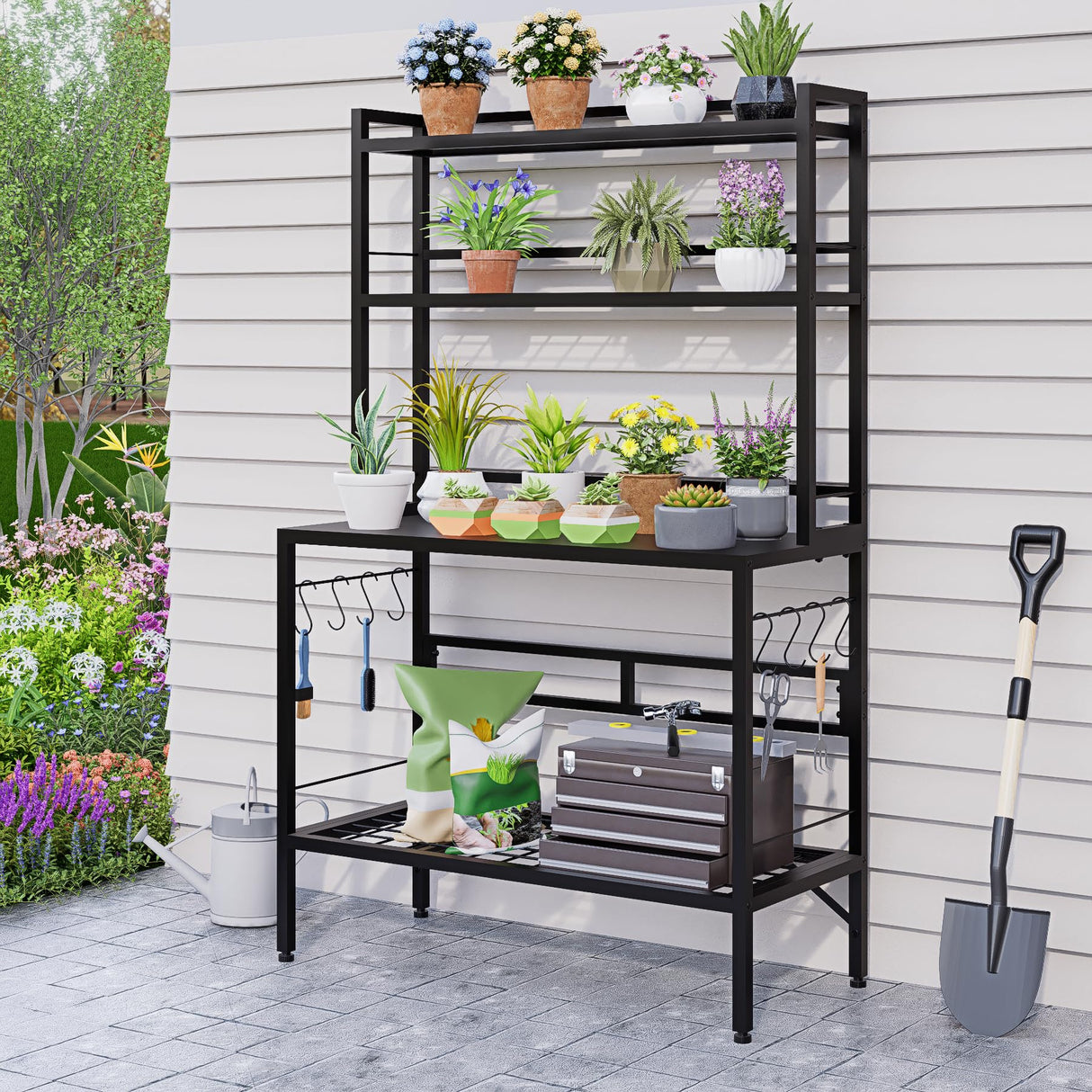 FUXJUM 63” Metal Potting Bench&Table with Metal Tabletop, 4-Tier Plant Shelves, 8 Side Hooks, Outdoor/Indoor Gardening Workstation and Plant Stand, Black FUXJUM