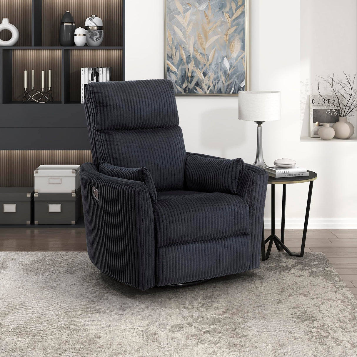 Lexicon Modern Swivel Glider Recliner Chair, Nursery Glider, Corduroy Fabric Upholstery Recliner with 2 Lumbar Pillows, Manual Reclining Sofa Chair for Living Room/Office/Apartment, Black Lexicon