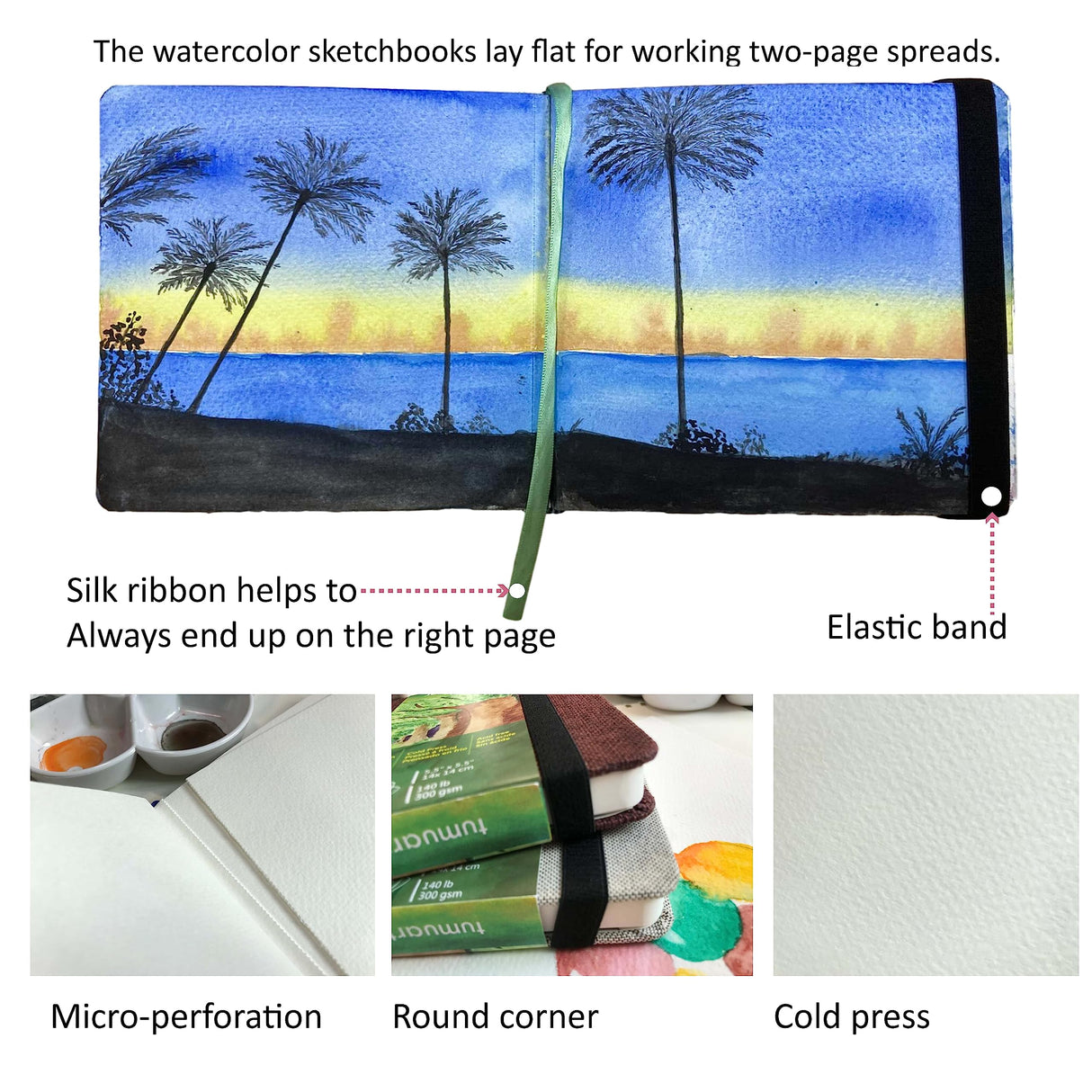 tumuarta Watercolor Journal,140 LB, 300 GSM, Cotton Paper, Cold Press, 24 Sheets, 48 Pages, Watercolor Paper Sketchbooks for Use As Travel Notebook and Mixed Media Pad, 5.5x5.5 tumuarta