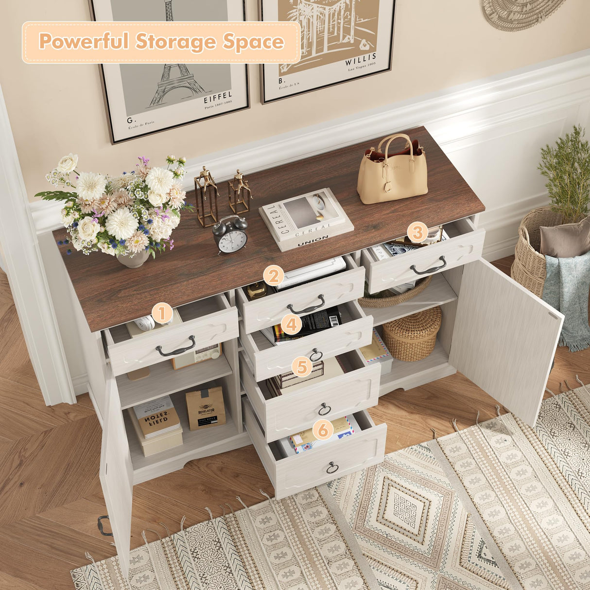 Maupvit Buffet Cabinet, Sideboard Cabinet with 2 Doors and 6 Drawers, Modern Farmhouse Buffet Table with Storage & Adjustable Shelves for Kitchen, Coffee Bar Table for Dining, Living Room (White) Maupvit