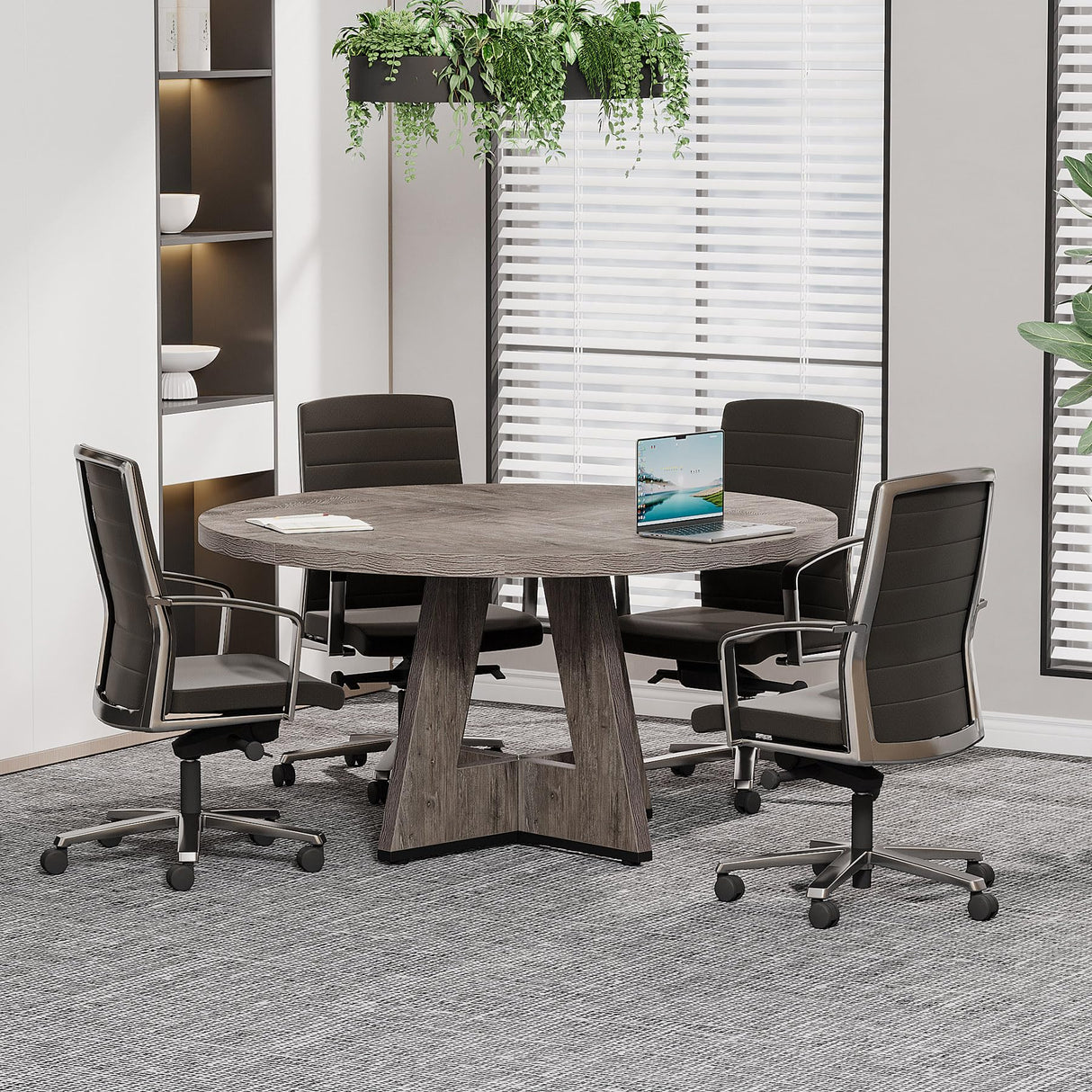 Tribesigns 47-Inch Round Conference Table for 4-6 People, Wooden Meeting Room Table with Thicken Tabletop and Wood Base (Grey) Tribesigns