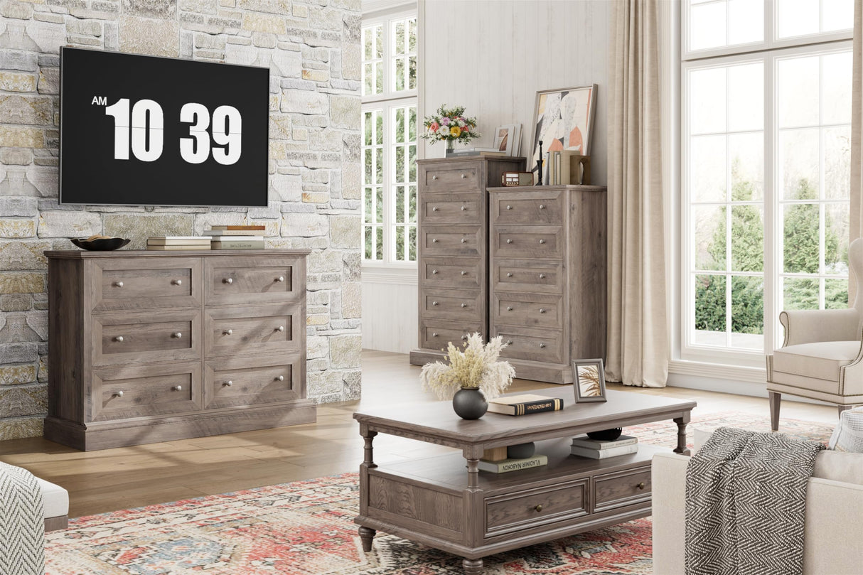 FACBOTALL Modern 6 Drawer Double Dresser, Wood Dresser Chest, Wide Chest of Drawers with Deep Drawers & Mental Double Handles for Hallway Living FACBOTALL