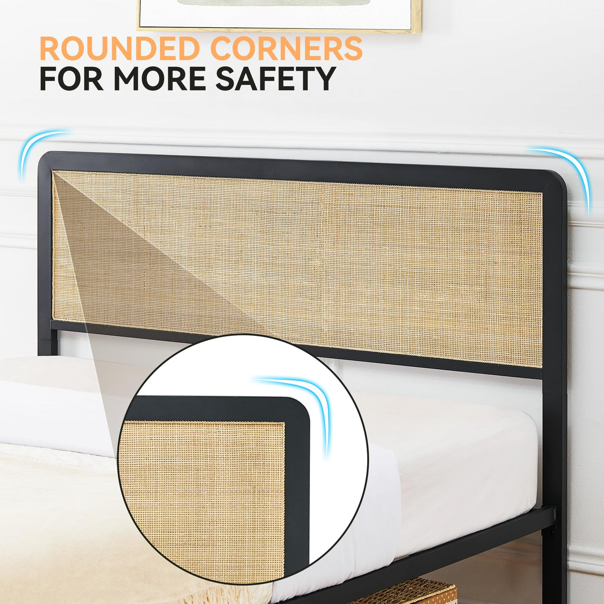 IDEALHOUSE Rattan Queen Size Bed Frame with Natural Rattan Headboard, Cane Boho Queen Size Platform Bed Frame,Natural Bed Frame No Box Spring Needed, Noise-Free, Easy Assembly(Black) IDEALHOUSE