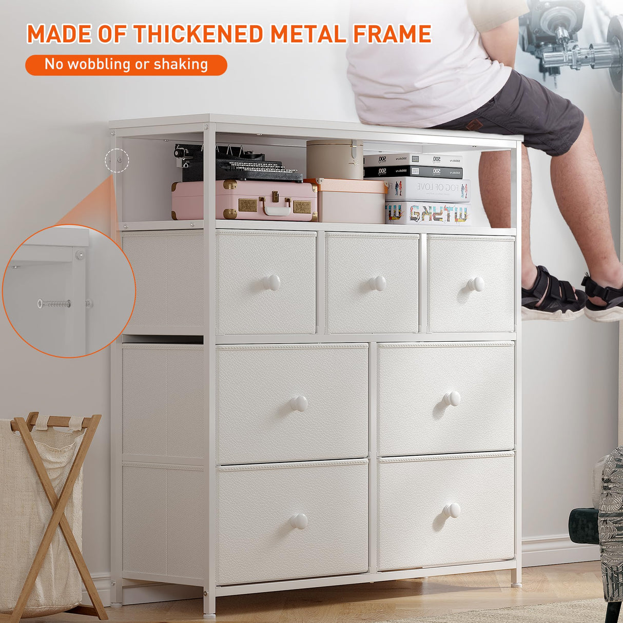 EnHomee White Dresser for Girls Bedroom with 7 Drawers and 2 Shelves, Girls Dresser with Wooden Top and Metal Frame, Cute Dressers & Chest of Drawers for Bedroom, Closets,Nursery,White EnHomee