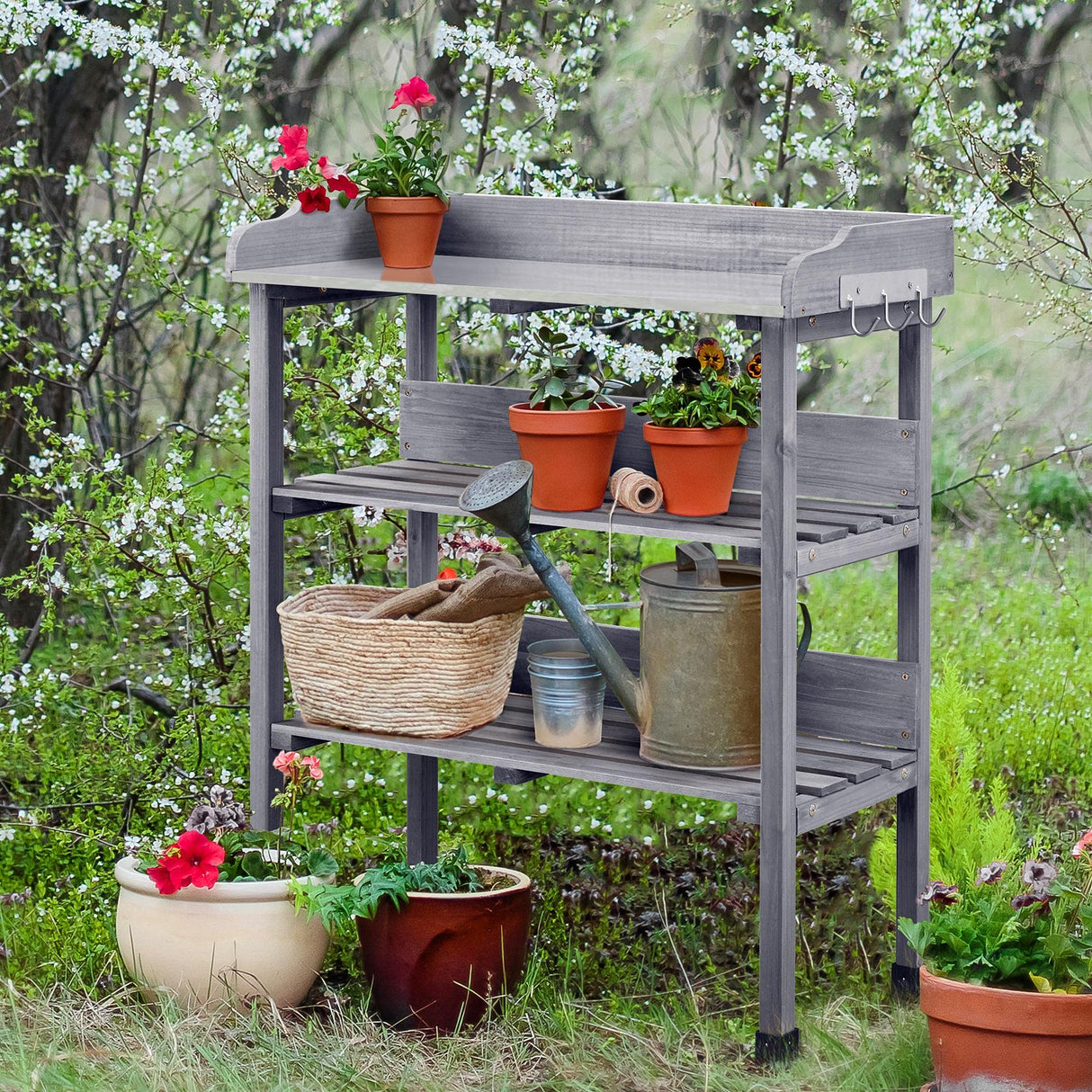 Topeakmart Fir Wood Potting Bench W/Storage Shelf W/Metal Tabletop W/Hook 3 Shelves Potting Table for Outdoor Garden Work Bench Gray Topeakmart