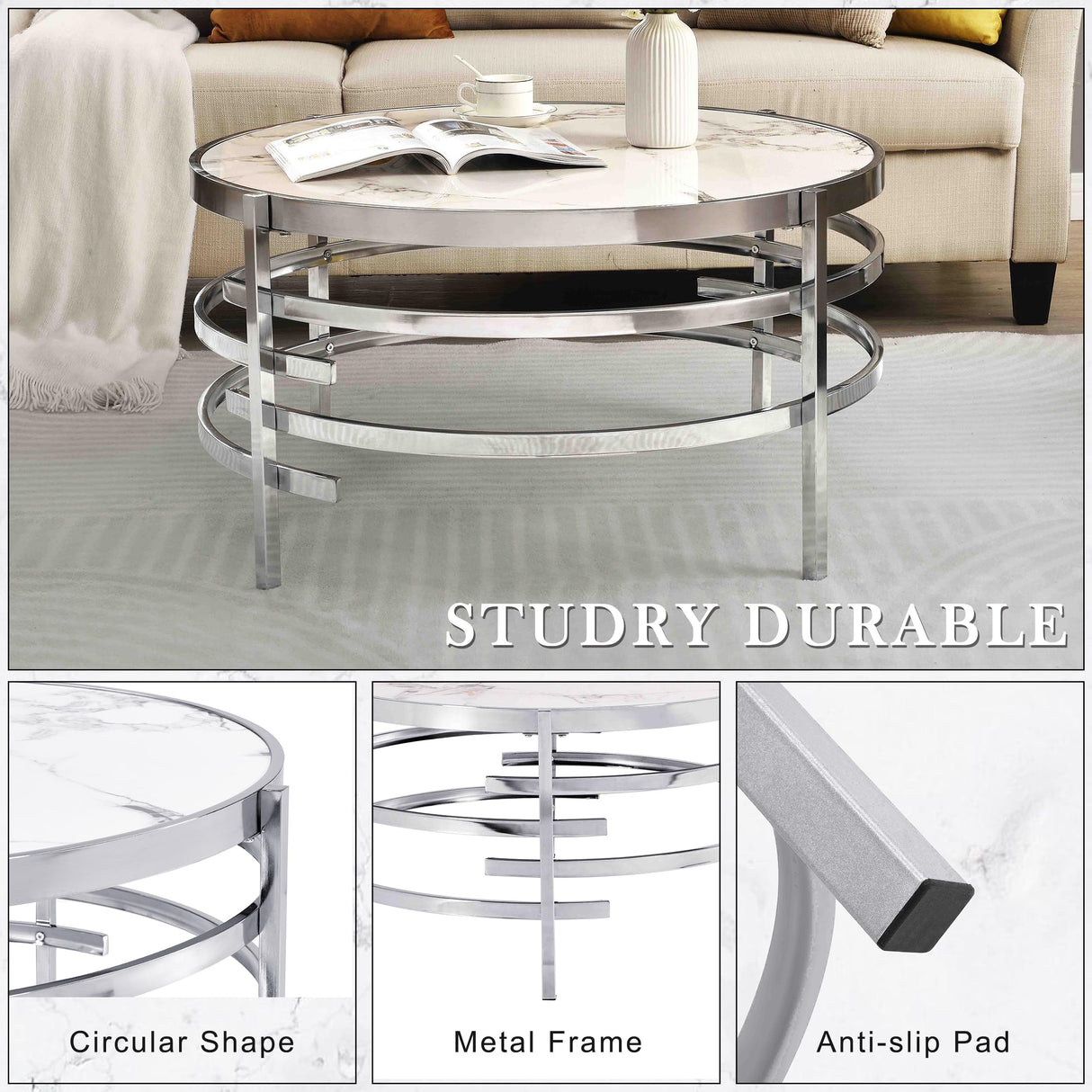 LifeSky Round Modern Coffee Table - 32" Faux Marble Circle Center Table Stone Metal Silver LIFE SKY