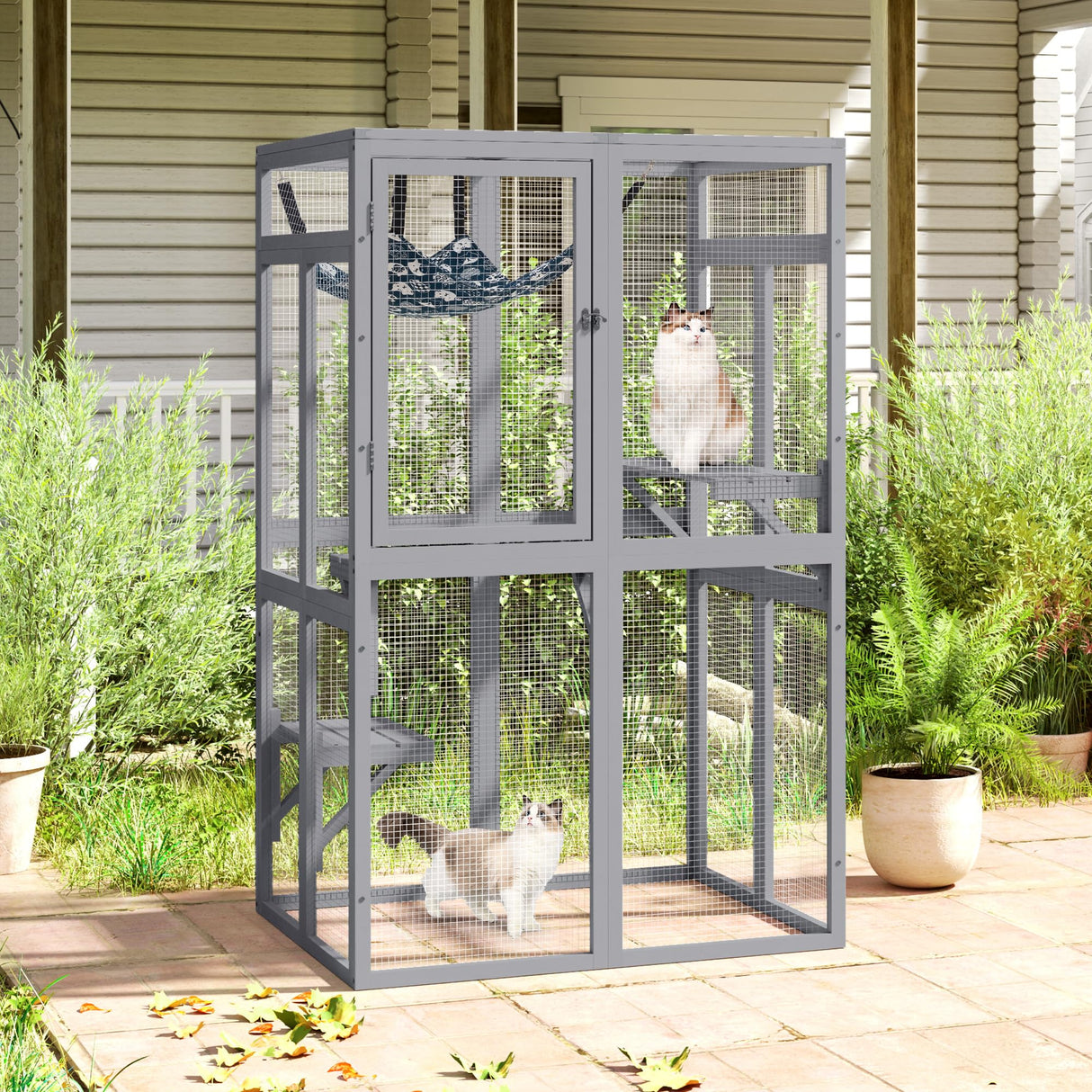 Catio Outdoor Cat Enclosure, Wooden Catio with Window Access for Patio, Indooe Kitty House (Grey) Nyeekoy