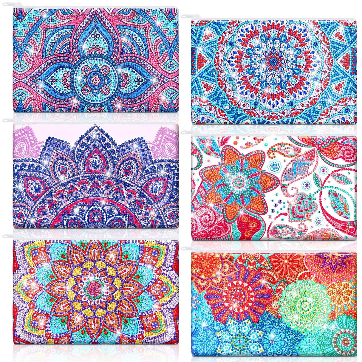 Sweetude 6 Pcs Mandala DIY Diamond Painting Purses Toiletry 5D DIY Makeup Bags Handmade Rhinestone Design Diamond Painting Cosmetic Bags Bulk with Zipper for Women Christmas Gift Sweetude