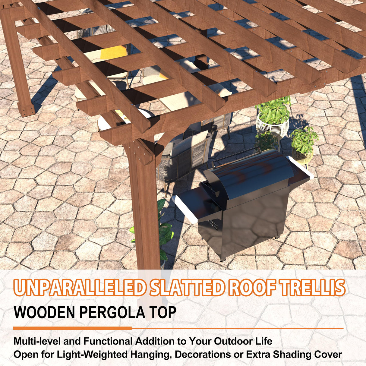 BlueWish 12’ x 14’ Cedar Wood Patio Pergola with Slatted Trellis Roof, Outdoor Pergola Backyard Gazebo with Solid Structure for Deck Yard Grill Party Garden BlueWish