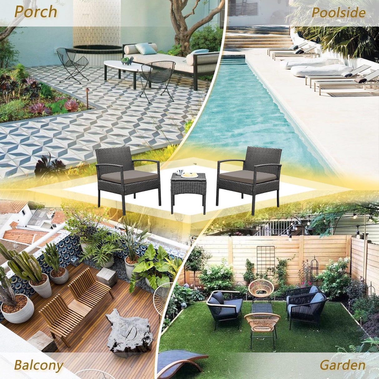 PROHIKER 3 PCS Patio Rattan Conversation Chairs Set, Outdoor Patio Furniture Balcony Furniture Set, Wicker Patio Bistro Set for Garden Porch Balcony Yard, Brown PROHIKER