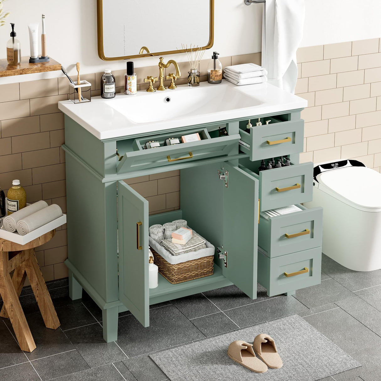 LUMISOL 36" Bathroom Vanity with Sink Combo, Modern Green Bathroom Storage Cabinet with Tip-Out Drawer, 3 Drawers & 2 Soft-Close Doors, Solid Wood Bathroom Vanity with Undermount Sink, Green LUMISOL