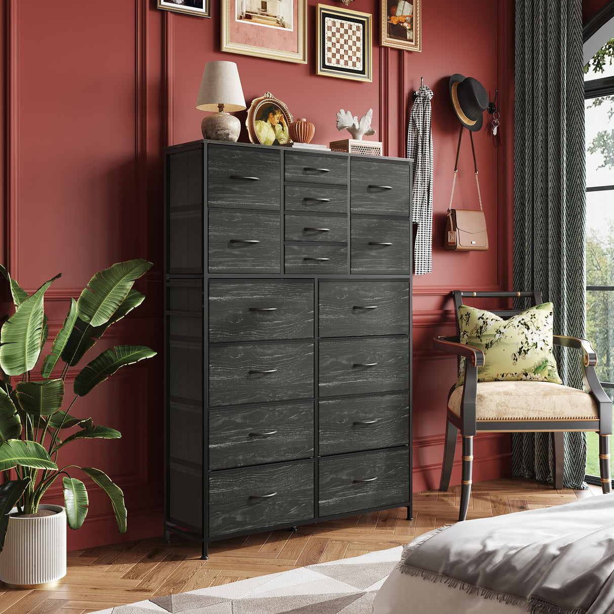 WLIVE 16 Drawers Dresser, Tall Dresser for Bedroom, Closet, Hallway, Storage Dresser Organizer unit, Large Dressers & Chests of Drawers with Fabric Bins, Charcoal Black Wood Grain Print WLIVE