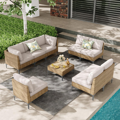 SunloungeCo 9-Piece Patio Furniture Set, Outdoor Wicker Sectional Sofa with Coffee Table, Anti-Slip & Thick All-Weather Cushions for Sunroom,Garden,Backyard, Beige