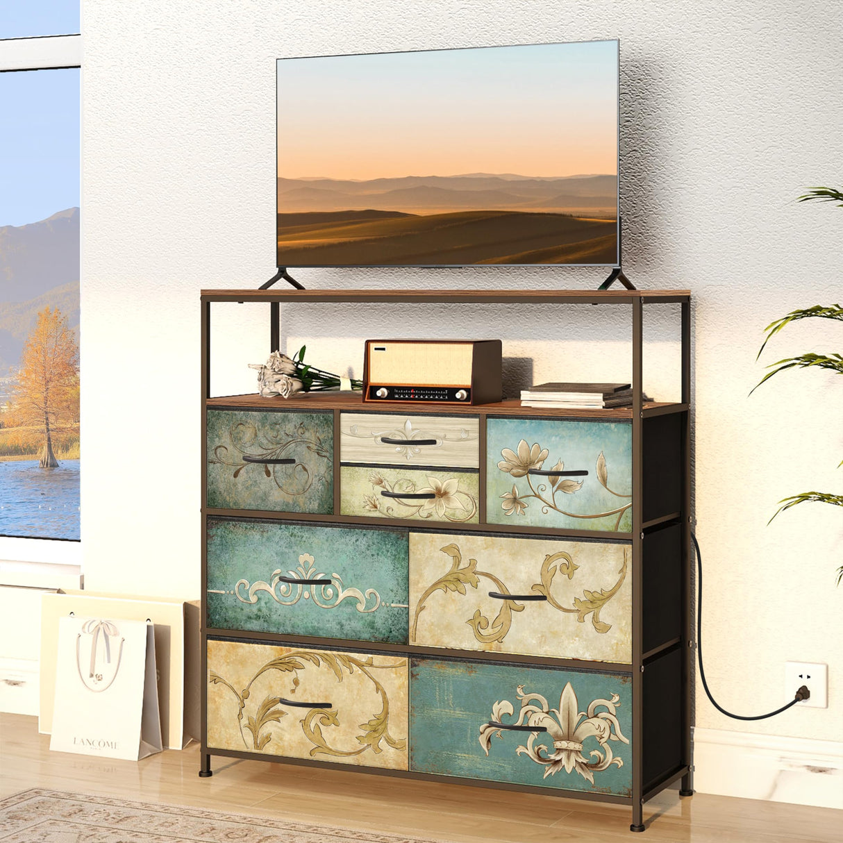 Tohomeor TV Stand with Power Oulet Dresser with Charging Station & LED Light Dresser with 8 Fabric Drawers for Living Room Storage Chest of Drawers Retro Dresser with Open Shelf Wooden Top Tohomeor