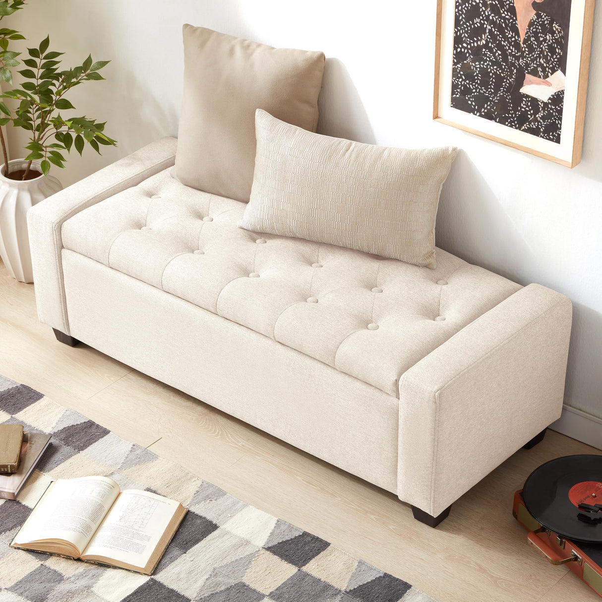 Huatean Home Ottoman with Storage, Storage Ottoman Bench with Safety Hinge, Upholstered Storage Bench with Seating for Bedroom, Living Room, Holds up to 330 lb, Beige Huatean Home