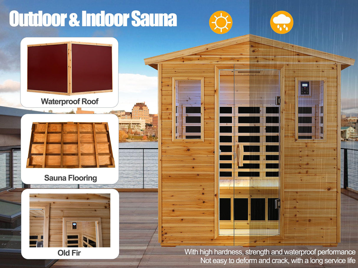 Outdoor Sauna 3 Person Infrared Sauna, Infrared Saunas for Home, 1950W Low EMF Far Infrared Sauna Old Fir Wooden Sauna with Beauty Red Light, Foldable Seat, Bluetooth, Chromotherapy Lamp, Reading Lamp SALUSHEAT
