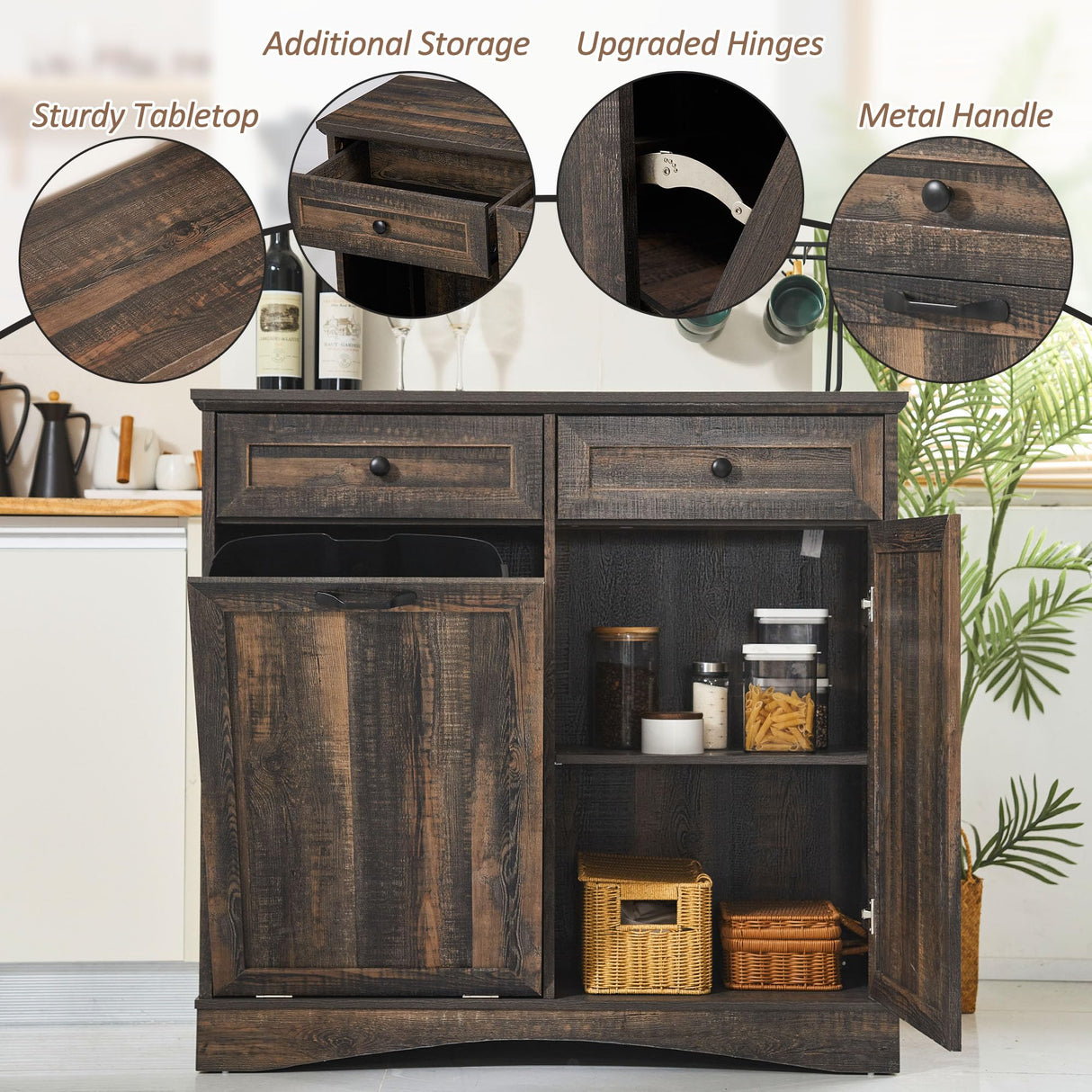 OUTGUAVA 13 Gallons Tilt Out Trash Cabinet Kitchen Trash Bin Cabinet Recycling Trash Cabinet with Hideaway Drawers, Pet Proof Trash Can Cabinet for Kitchen Living Room, Rustic Brown OUTGUAVA