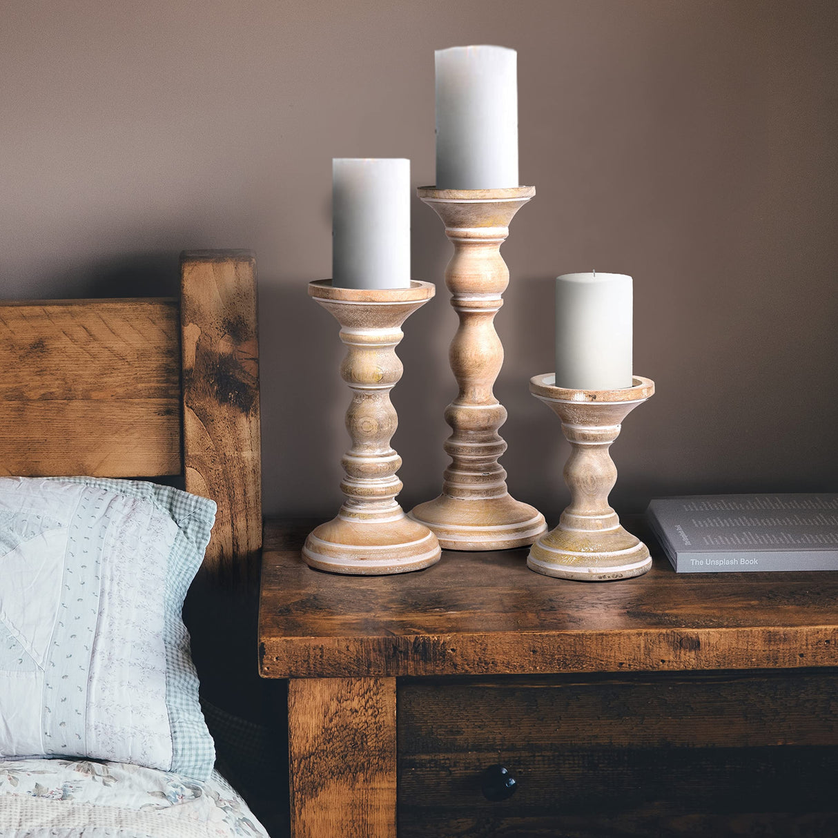 Mela Artisans Whitewash Wood Candle Holders for Pillar Candles Set of 3 | Willow Decor Style for Mantles | White Mango Wood Farmhouse Candle Holders | Rustic Wooden Candleholder | Sized 6", 9" and 12" Mela Artisans