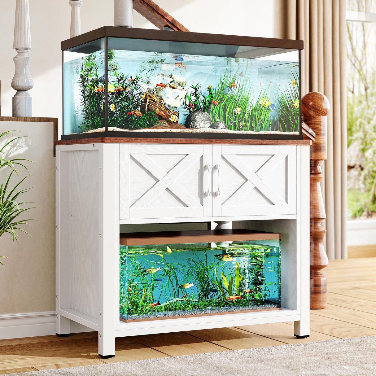 DWVO 40-50 Gallon Aquarium Stand with Power Outlets, Cabinet for Fish Tank Accessories Storage - Heavy Duty Metal Fish Tank Stand Suitable for Turtle Tank, Reptile Terrarium, 660LBS Capacity, White DWVO