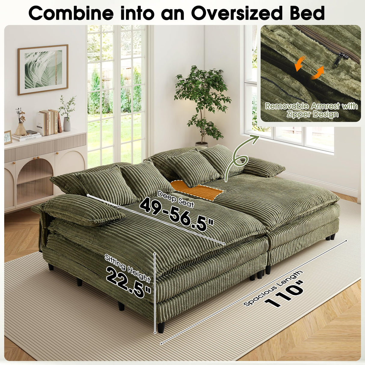 WESTSETLUX 55" W Oversized Chaise Lounge Sofa Couch with 5-Position Adjustable Backrest, Corduroy Sleeper Chair Sofa Bed, Reading Chair with Deep Seat, Cloud Couches for Living Room, Bedroom, Green WESTSETLUX