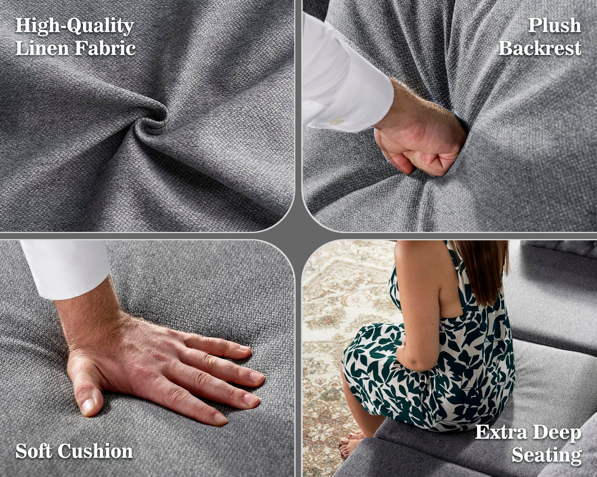 Jocisland 92-Inch Modern Sofa - Oversized 3 Seater Couch With Wide Armrest, Button Tufted for Living Room, Grey Linen Jocisland