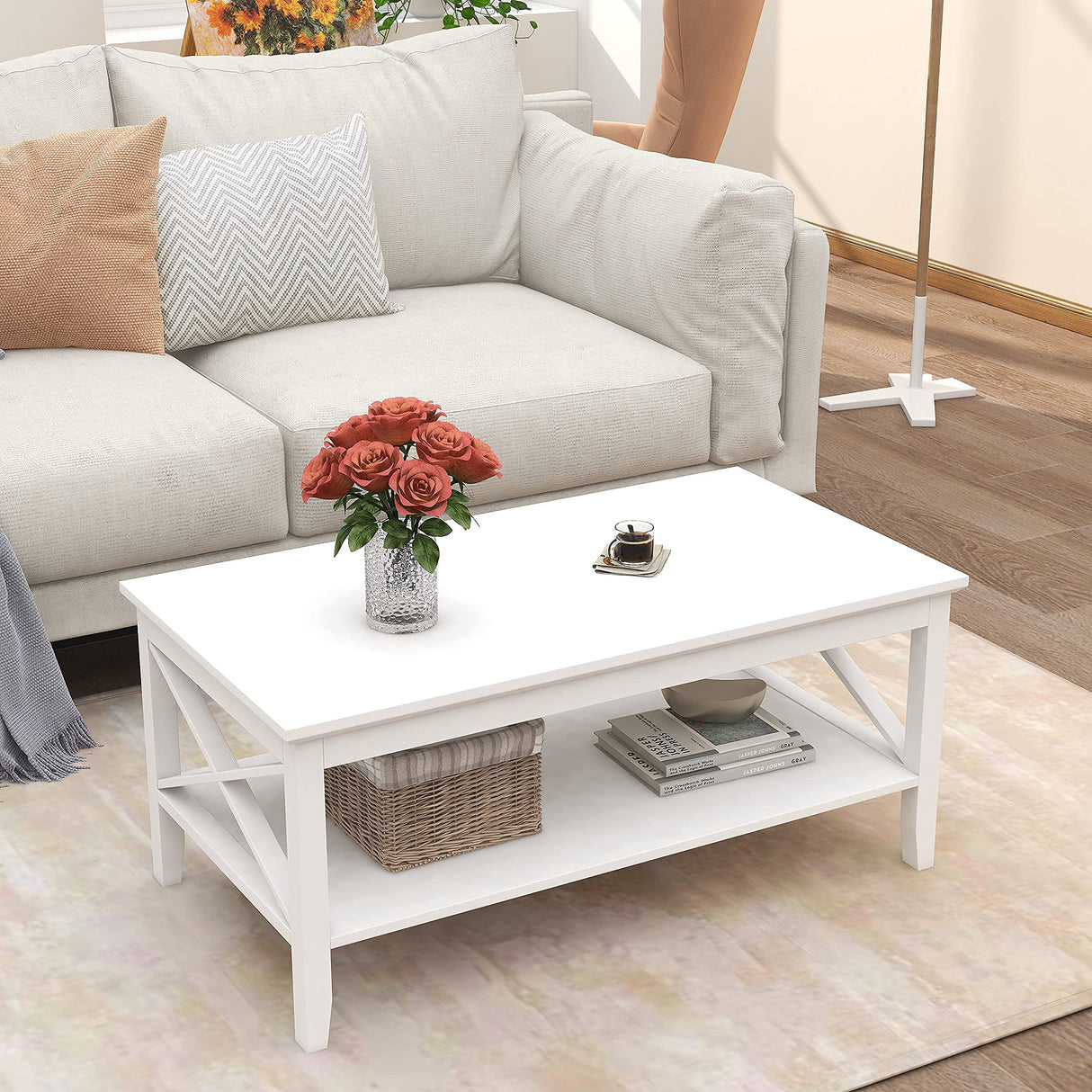 ChooChoo White Coffee Table Classic X Design for Living Room, Rectangular Modern Cocktail Table with Storage Shelf, 39 Inch ChooChoo