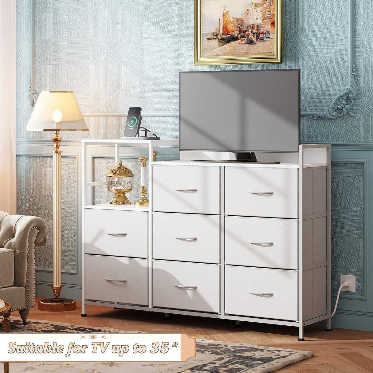 WLIVE White Dresser TV Stand for Bedroom with Charging Station and Open Shelves, Fabric Dresser with 8 Drawers and Wood Top, Wide Storage Chest of Drawers for Living Room, Hallway WLIVE