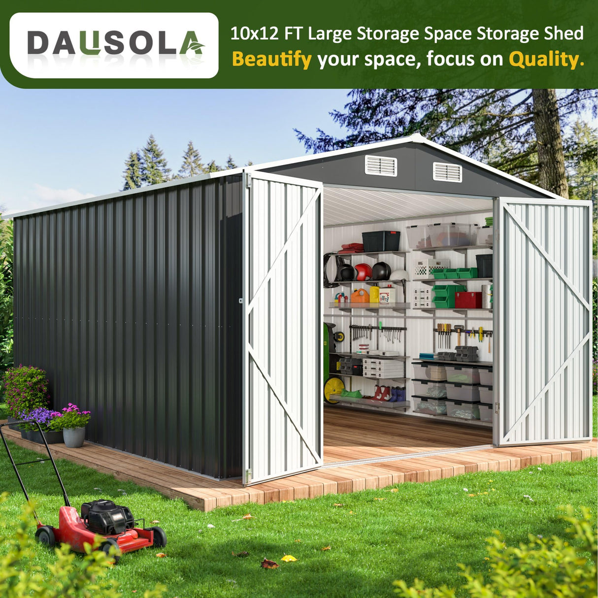 DAUSOLA 10x12 FT Outdoor Storage Shed, Metal Garden Tool Shed with Updated Frame Structure and Lockable Doors, Ideal for Backyard Garden Patio Lawn, Grey DAUSOLA