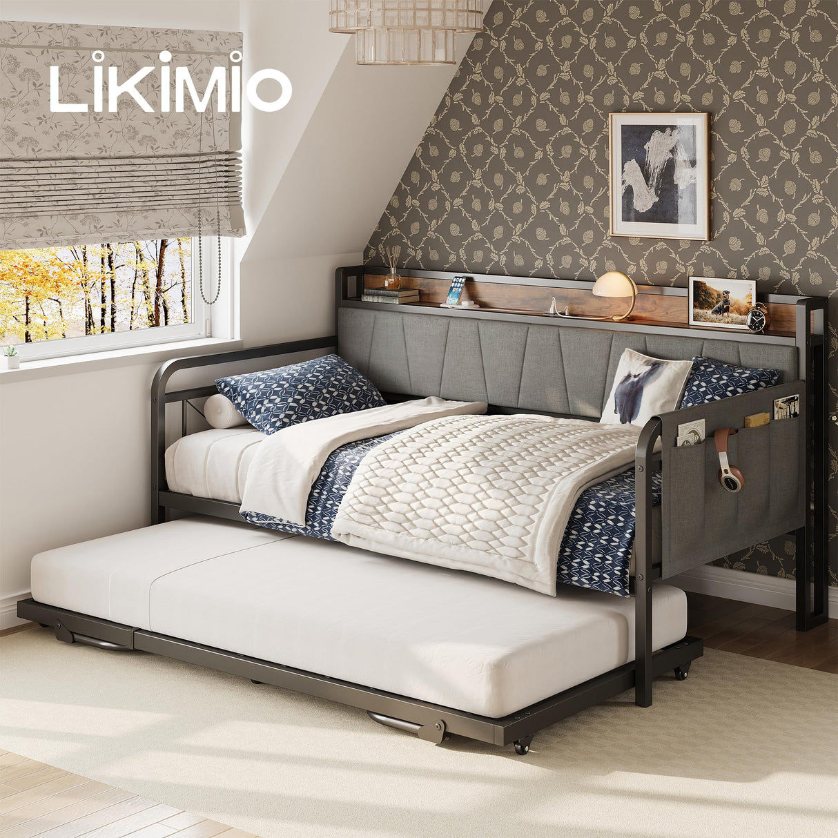 LIKIMIO Daybed with Trundle Bed, Twin Bed Frame with Storage Headboard and Charging Station, Sofa Day Bed with Strong Supports for Living Room, Bedroom, and Guest Room, Grey LIKIMIO